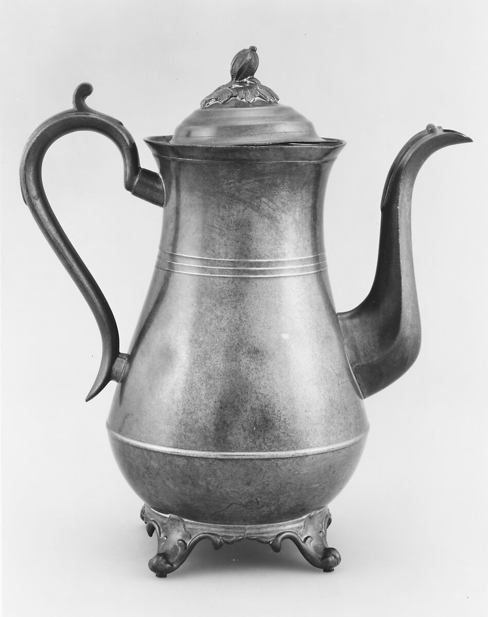 Coffeepot, Thomas Danforth Boardman (1784–1873), Britannia metal, American 