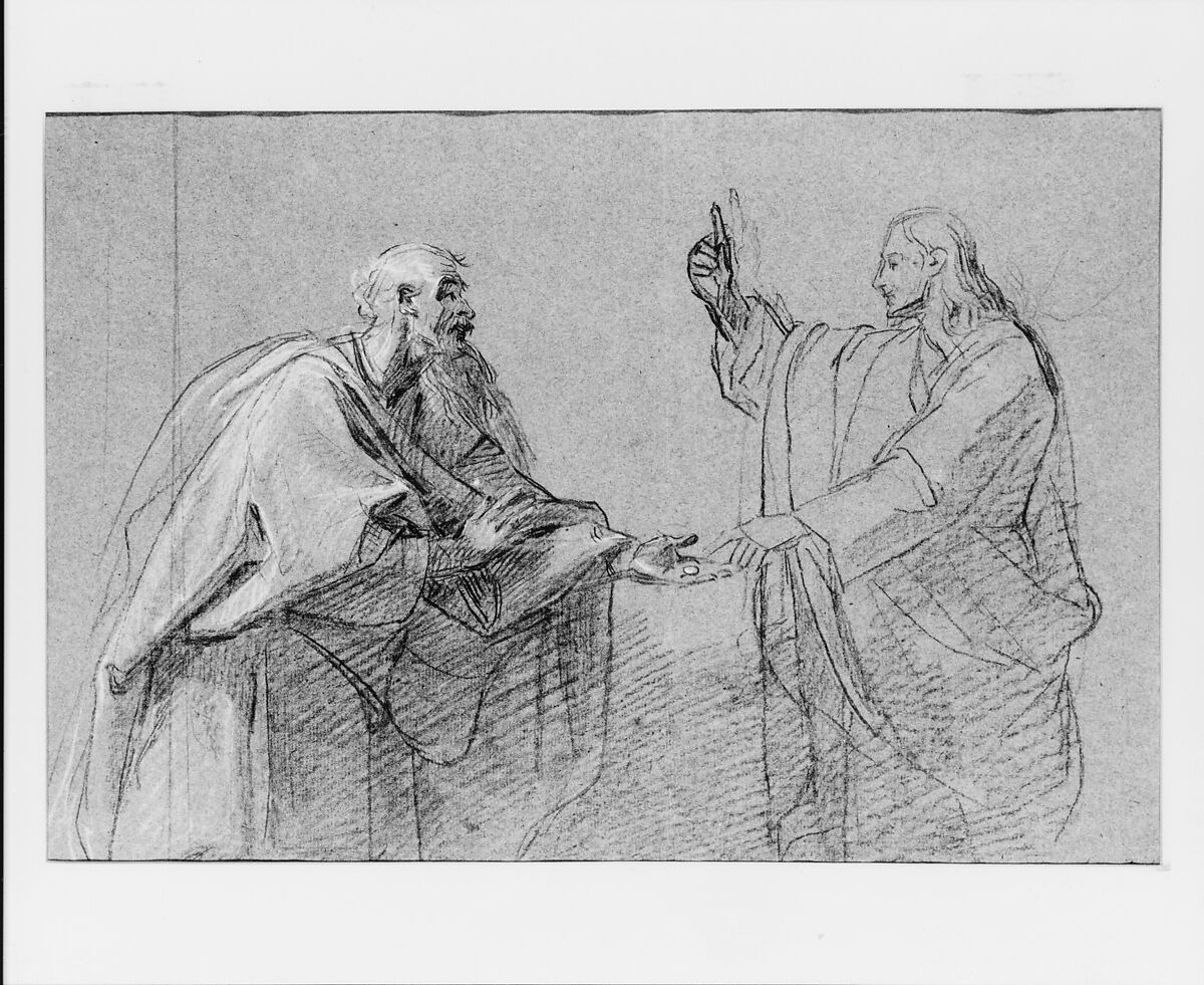 Study for "The Tribute Money", John Singleton Copley (American, Boston, Massachusetts 1738–1815 London), Black chalk and white-chalk heightening on blue laid paper, American