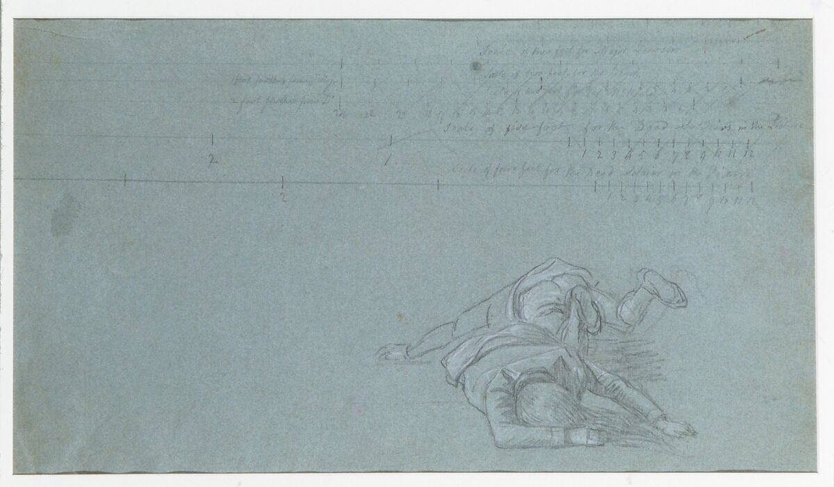 Study for "The Death of Major Peirson": Two Dead Figures, John Singleton Copley (American, Boston, Massachusetts 1738–1815 London), Black chalk and white-chalk heightening on light blue laid paper, American