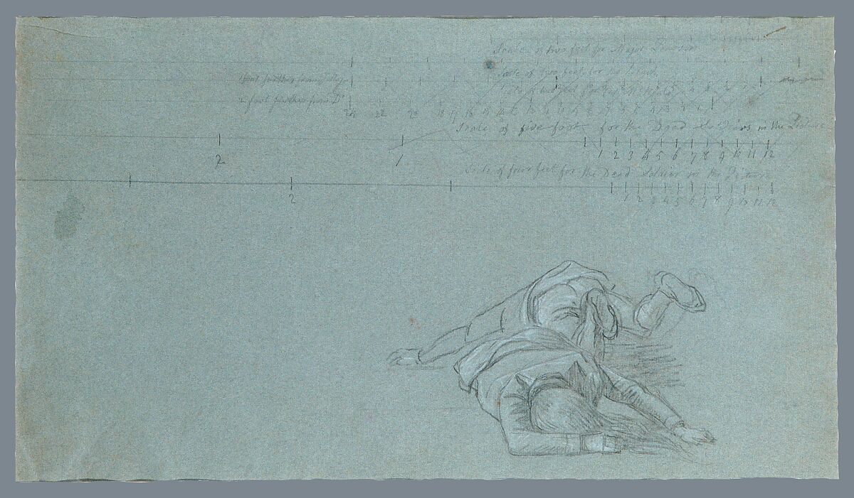 Study for "The Death of Major Peirson": Two Dead Figures, John Singleton Copley (American, Boston, Massachusetts 1738–1815 London), Black chalk and white-chalk heightening on light blue laid paper, American