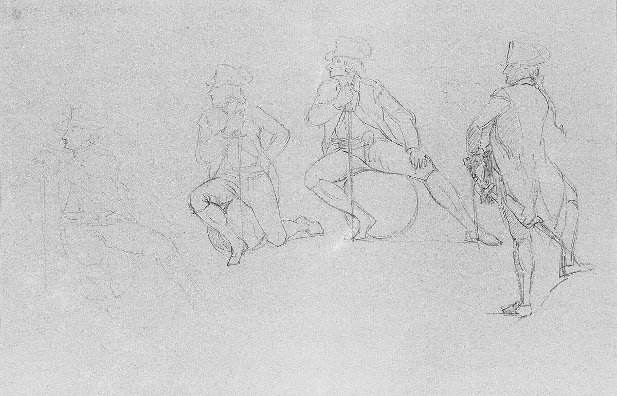 Study for "The Siege of Gibraltar": Officer in Four Poses, John Singleton Copley (American, Boston, Massachusetts 1738–1815 London), Black chalk on blue laid paper, American 