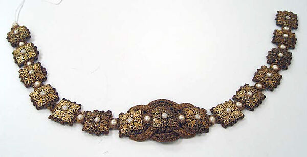 Belt, Yves Saint Laurent (French, founded 1961), metal, faux pearl, French 