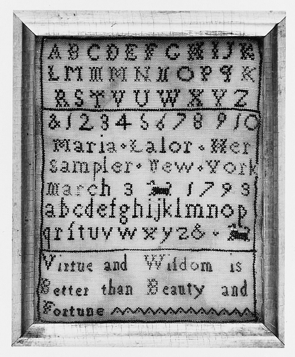 Embroidered Sampler, Maria Lalor, Silk embroidery on linen, American