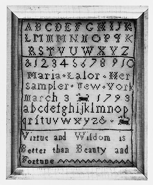 Embroidered Sampler, Maria Lalor, Silk embroidery on linen, American