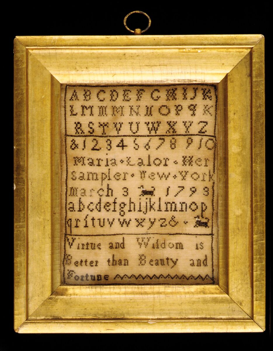 Embroidered Sampler, Maria Lalor, Silk embroidery on linen, American