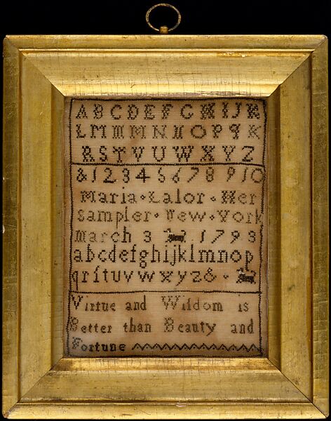 Embroidered Sampler, Maria Lalor, Silk embroidery on linen, American