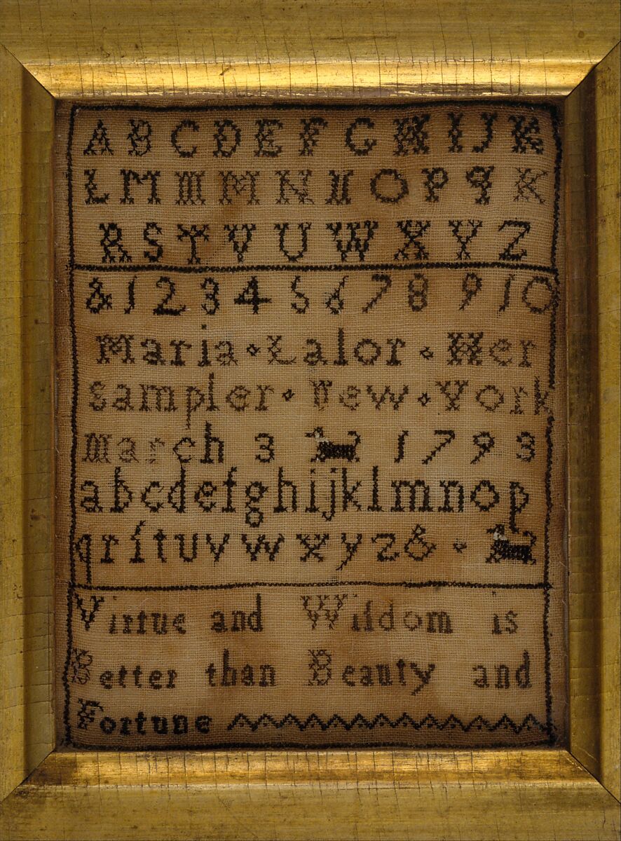 Embroidered Sampler, Maria Lalor, Silk embroidery on linen, American