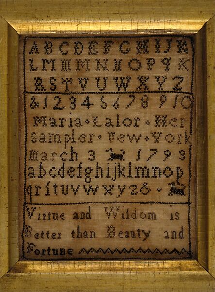 Embroidered Sampler, Maria Lalor, Silk embroidery on linen, American