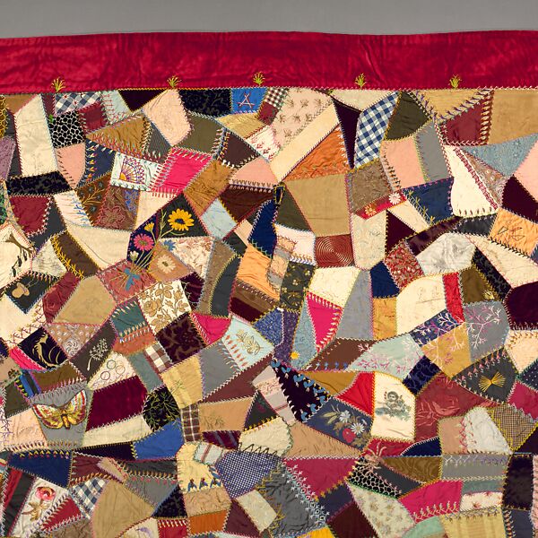 Quilt, Crazy pattern, Elizabeth Hickok Keeler (1847–1926), Silk, silk velvet, silk thread, metallic beads, and ink, American
