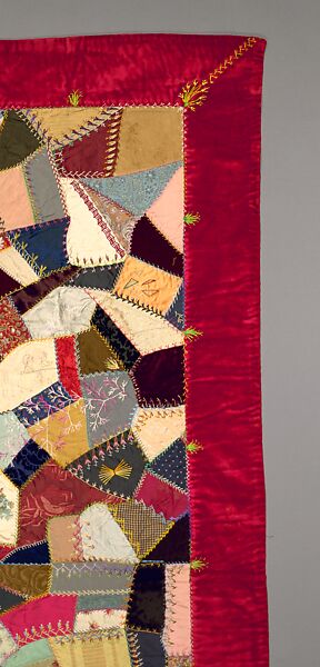 Quilt, Crazy pattern, Elizabeth Hickok Keeler (1847–1926), Silk, silk velvet, silk thread, metallic beads, and ink, American