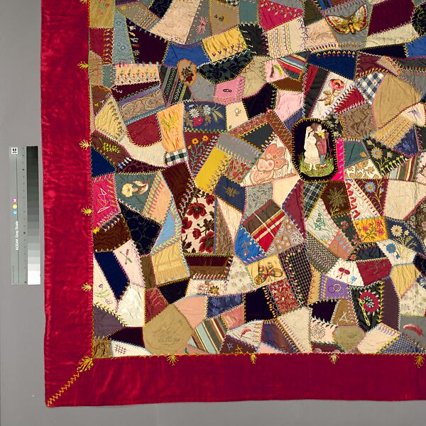 Quilt, Crazy pattern, Elizabeth Hickok Keeler (1847–1926), Silk, silk velvet, silk thread, metallic beads, and ink, American