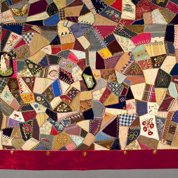 Quilt, Crazy pattern, Elizabeth Hickok Keeler (1847–1926), Silk, silk velvet, silk thread, metallic beads, and ink, American