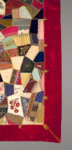 Quilt, Crazy pattern, Elizabeth Hickok Keeler (1847–1926), Silk, silk velvet, silk thread, metallic beads, and ink, American
