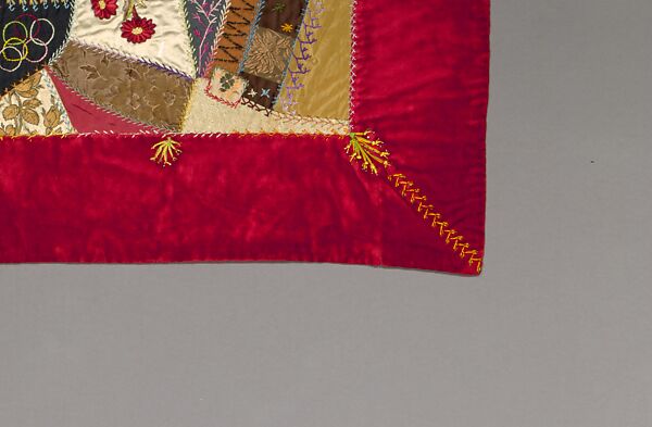 Quilt, Crazy pattern, Elizabeth Hickok Keeler (1847–1926), Silk, silk velvet, silk thread, metallic beads, and ink, American