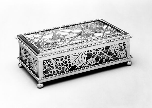 Covered Box, Designed by Louis C. Tiffany (American, New York 1848–1933 New York), Gilt metal, Favrile glass, American