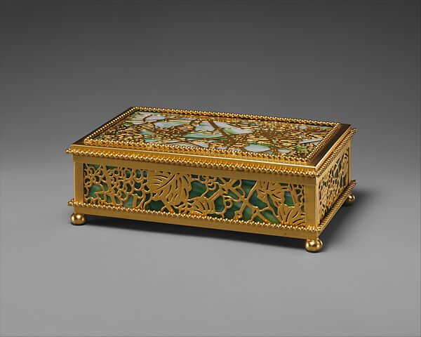 Covered Box, Designed by Louis C. Tiffany (American, New York 1848–1933 New York), Gilt metal, Favrile glass, American 