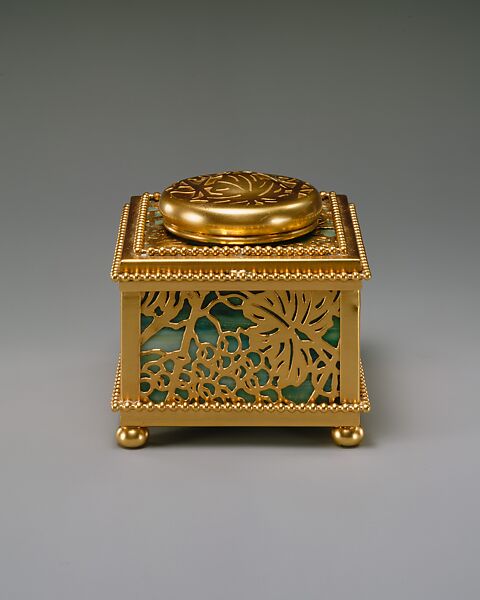 Covered Inkwell, Designed by Louis C. Tiffany (American, New York 1848–1933 New York), Gilt bronze, Favrile glass, American 