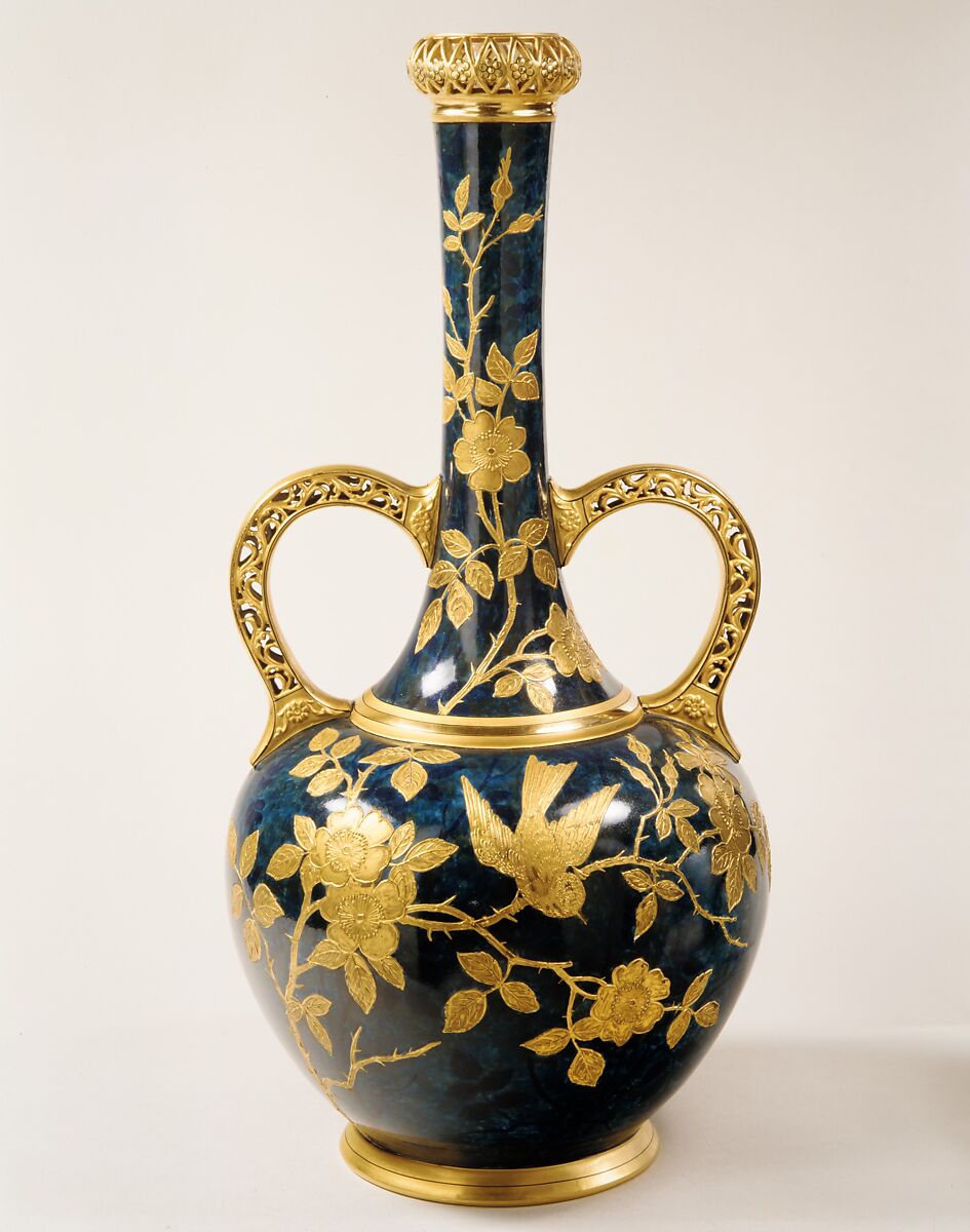 Vase, Faience Manufacturing Company (American, Greenpoint, New York, 1881–1892), Painted and glazed earthenware with overglaze raised gold paste decoration, American