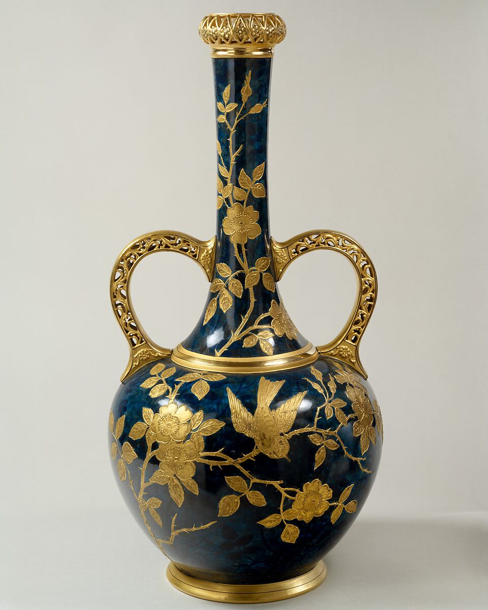 Vase, Faience Manufacturing Company (American, Greenpoint, New York, 1881–1892), Painted and glazed earthenware with overglaze raised gold paste decoration, American 