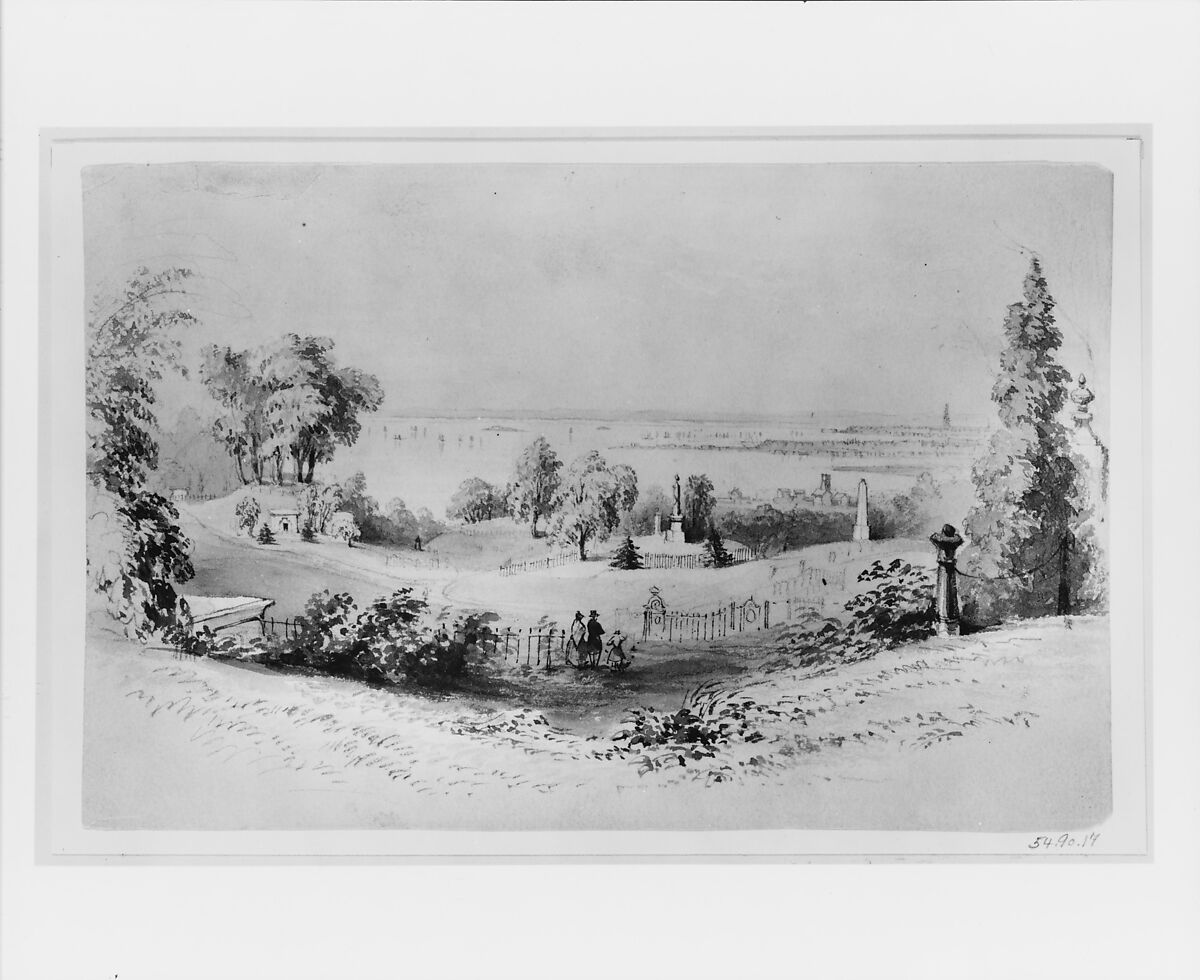 New York from Greenwood Cemetery, William Henry Bartlett (British, London 1809–1854 at sea), Watercolor and graphite on buff-colored wove paper, American
