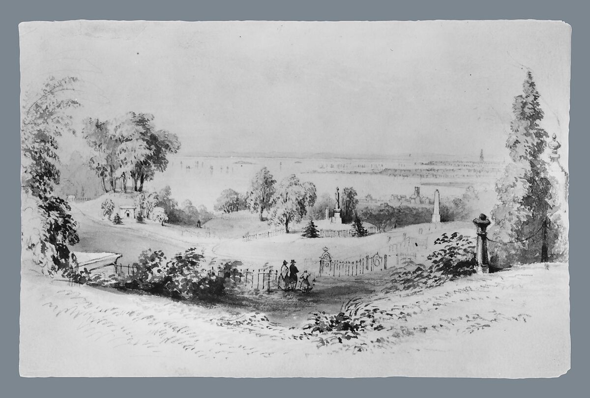 New York from Greenwood Cemetery, William Henry Bartlett (British, London 1809–1854 at sea), Watercolor and graphite on buff-colored wove paper, American 