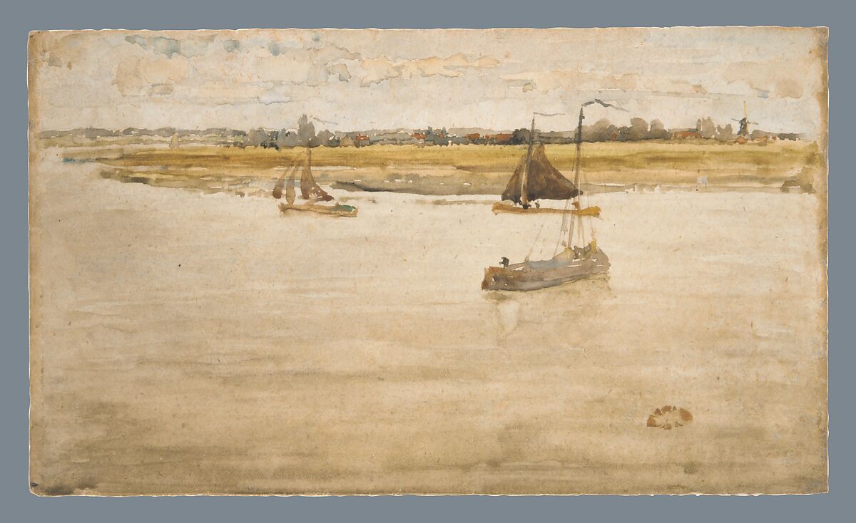 Gold and Brown: Dordrecht, James McNeill Whistler (American, Lowell, Massachusetts 1834–1903 London), Watercolor on off-white wove paper, faced with academy board, American 
