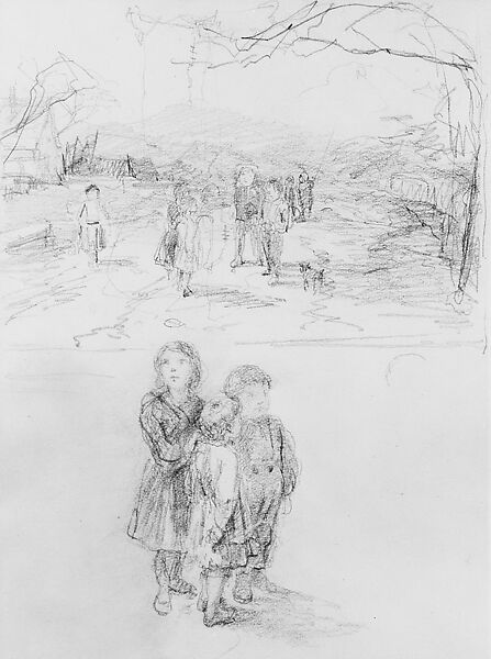 Two Sketches: Children on a Country Road; Three Children, Graphite on off-white wove paper, American 