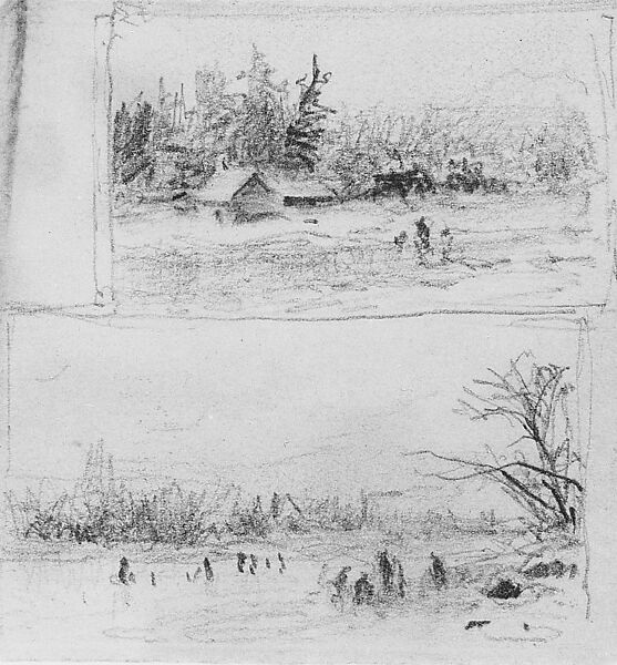 Two Winter Landscapes, Graphite on dark tan wove paper, American 