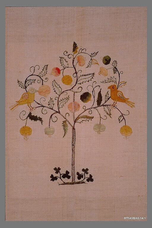 Embroidered curtain, Linen embroidered with crewel wool, American