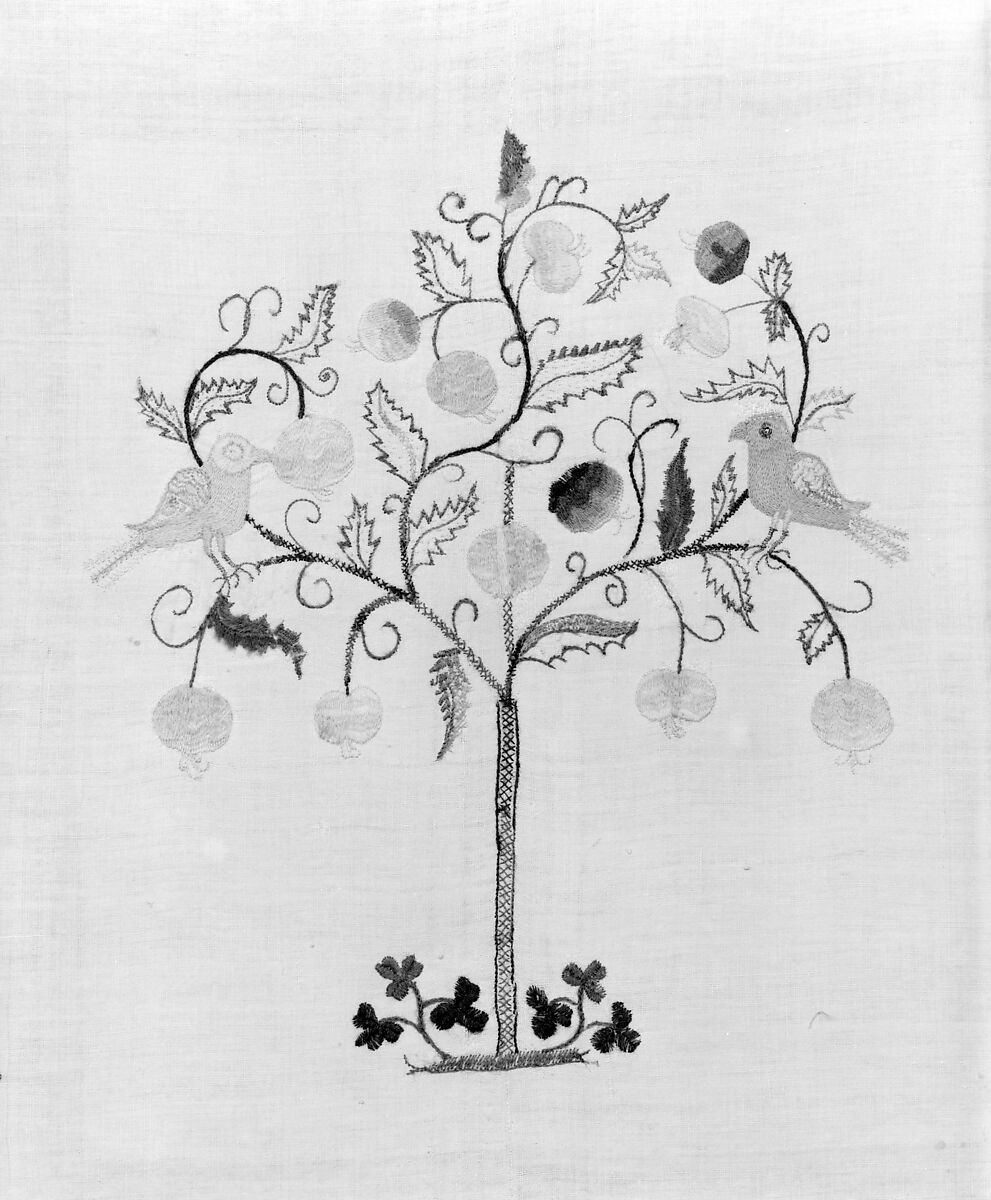 Embroidered curtain, Linen embroidered with crewel wool, American