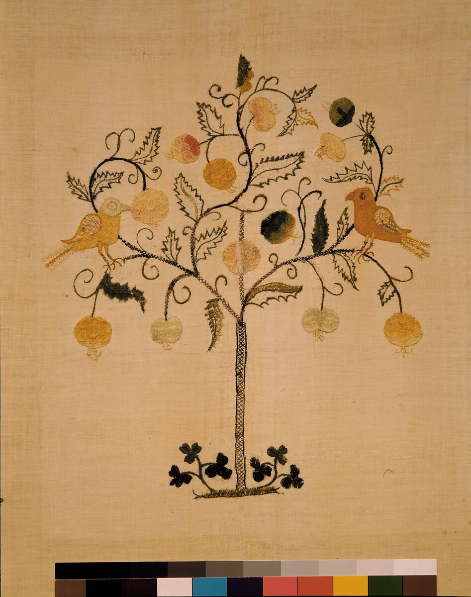 Embroidered curtain, Linen embroidered with crewel wool, American