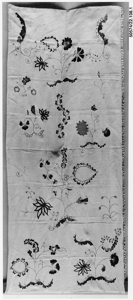 Bedhanging, Linen embroidered with crewel wool, American
