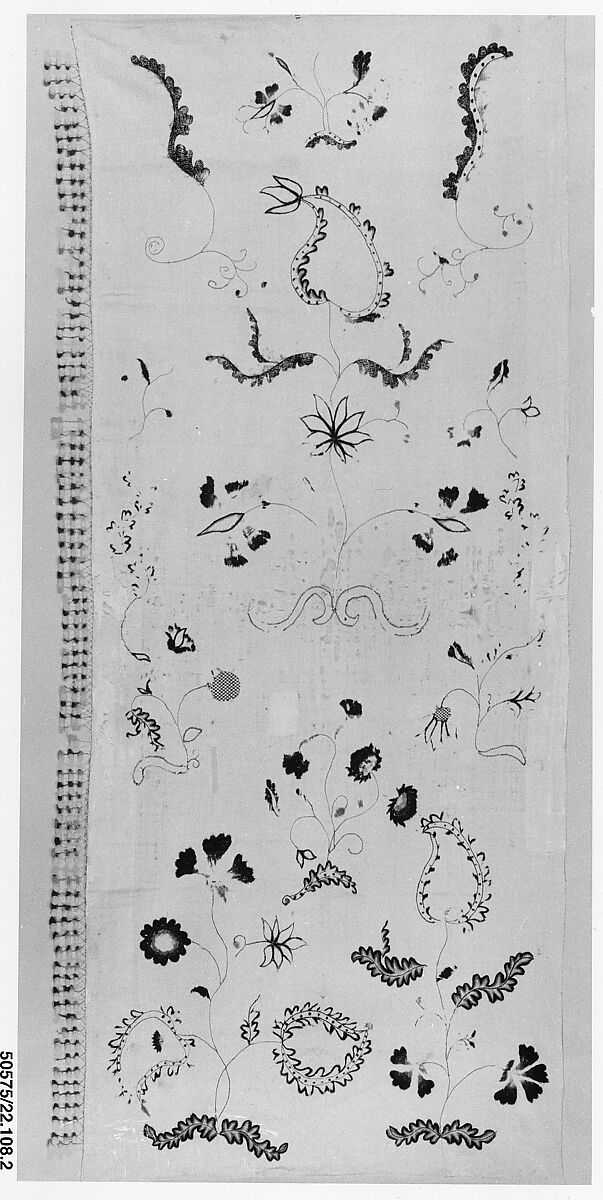 Bedhanging, Linen embroidered with crewel wool, American