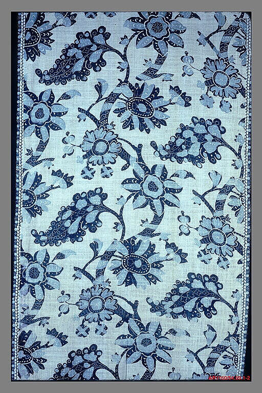 Bed hanging, blue-resist textile, Cotton, painted and block-printed resist, dyed, Indian textile for American market 