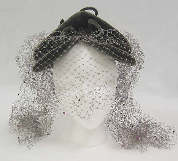 Hat, Lilly Daché (American (born France), Bègles 1898–1989 Louvecienne), a) silk, plastic, synthetic; b, c) silk, metal, American