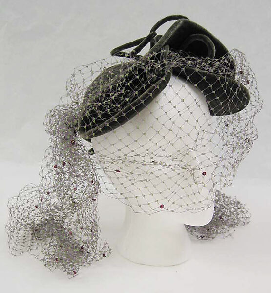 Hat, Lilly Daché (American (born France), Bègles 1898–1989 Louvecienne), a) silk, plastic, synthetic; b, c) silk, metal, American 
