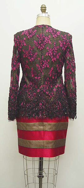 Suit, Attributed to James Galanos (American, Philadelphia, Pennsylvania, 1924–2016 West Hollywood, California), (a) synthetic, jet, foil; (b) silk, cotton, foil, American