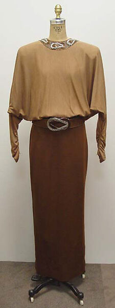 Dress, James Galanos (American, Philadelphia, Pennsylvania, 1924–2016 West Hollywood, California), (a) wool, glass, plastic; (b) leather; metal; (c) metal, rhinestone, enamel, American