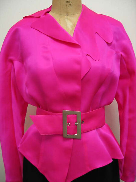 Ensemble, Mugler (French, founded 1974), a) silk, plastic; b) silk, metal; c) wool, rayon, plastic; d) wool; e, f) wool, plastic, American