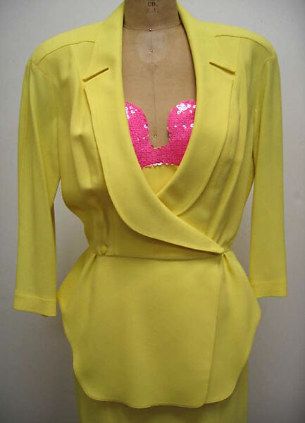 Ensemble, Mugler (French, founded 1974), a) silk, plastic; b) silk, metal; c) wool, rayon, plastic; d) wool; e, f) wool, plastic, American