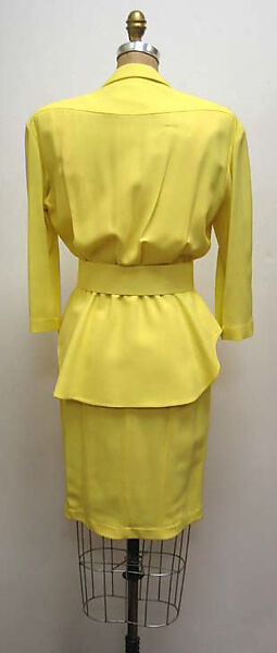 Ensemble, Mugler (French, founded 1974), a) silk, plastic; b) silk, metal; c) wool, rayon, plastic; d) wool; e, f) wool, plastic, American