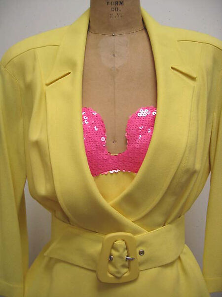 Ensemble, Mugler (French, founded 1974), a) silk, plastic; b) silk, metal; c) wool, rayon, plastic; d) wool; e, f) wool, plastic, American