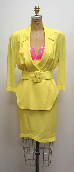 Ensemble, Mugler (French, founded 1974), a) silk, plastic; b) silk, metal; c) wool, rayon, plastic; d) wool; e, f) wool, plastic, American