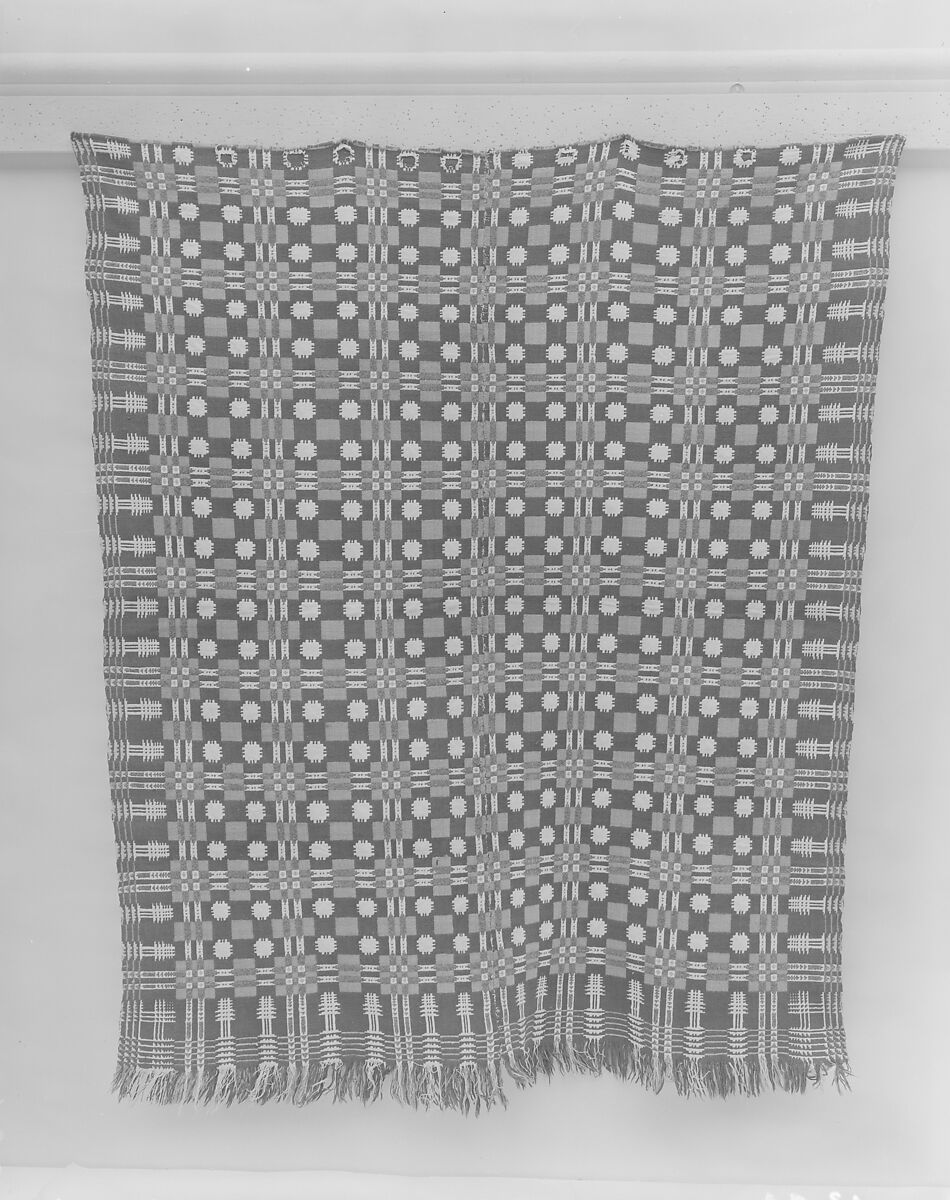 Coverlet, Four Snowballs pattern with Pine-tree border, Wool and cotton, woven, American 