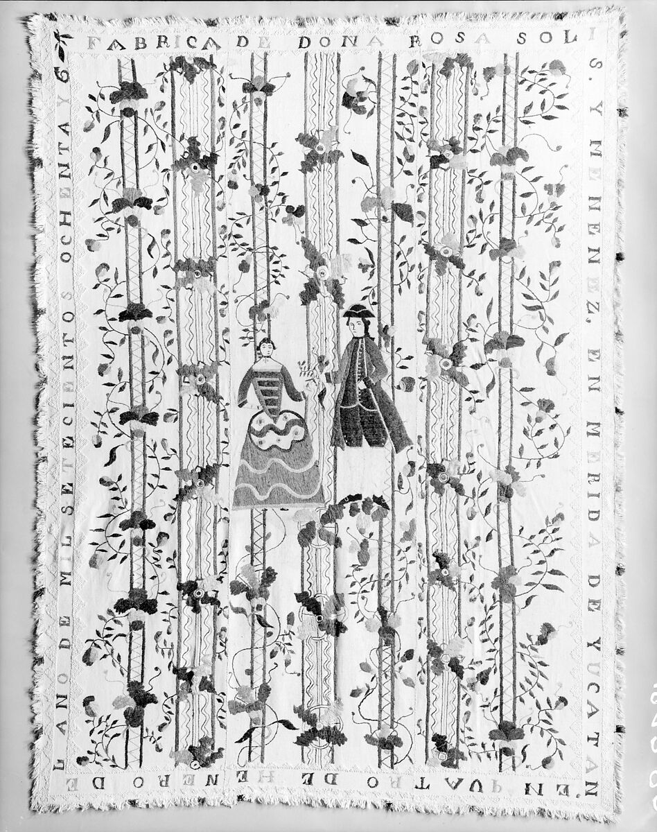 Embroidered coverlet (Colcha), Doña Rosa Solís y Menéndez, Cotton embroidered with silk, Mexican