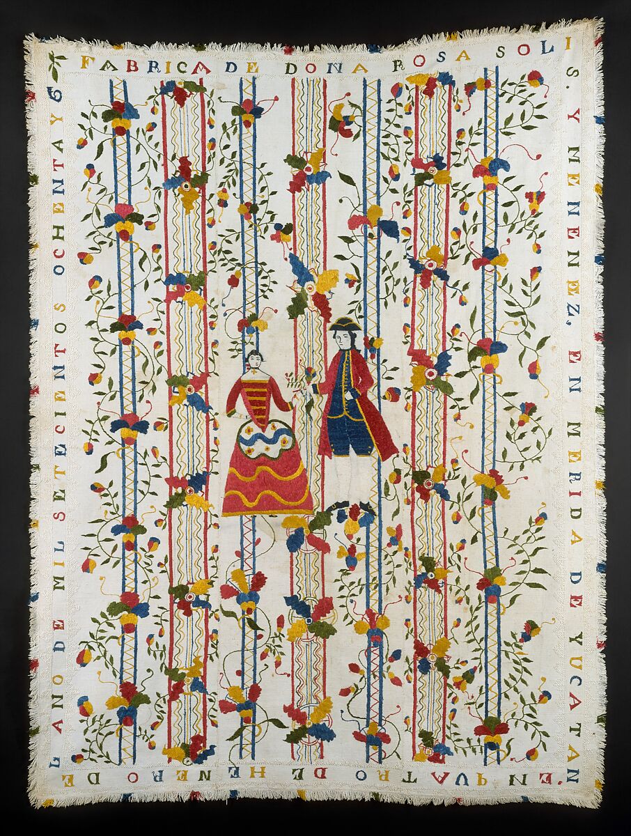 Embroidered coverlet (Colcha), Doña Rosa Solís y Menéndez, Cotton embroidered with silk, Mexican 