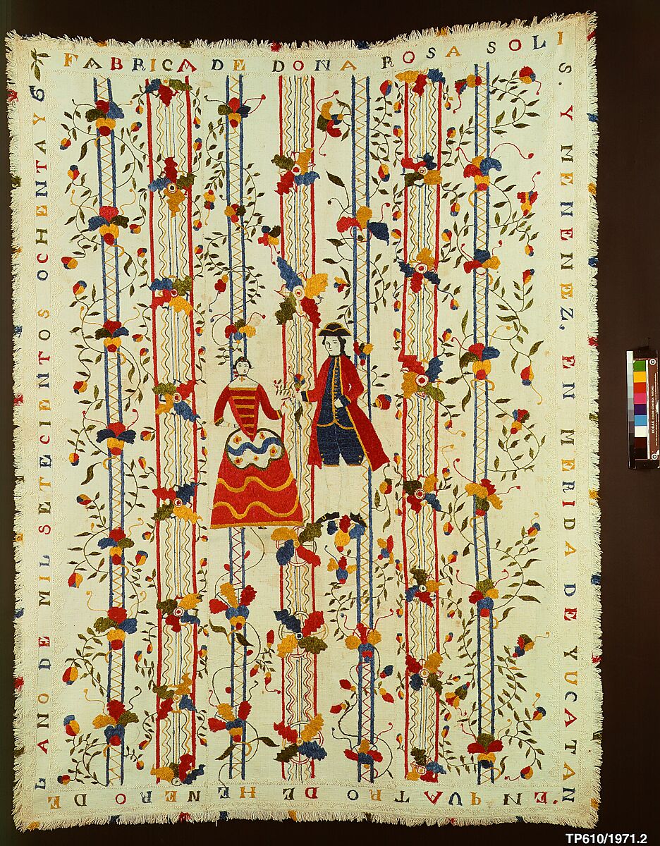 Embroidered coverlet (Colcha), Doña Rosa Solís y Menéndez, Cotton embroidered with silk, Mexican