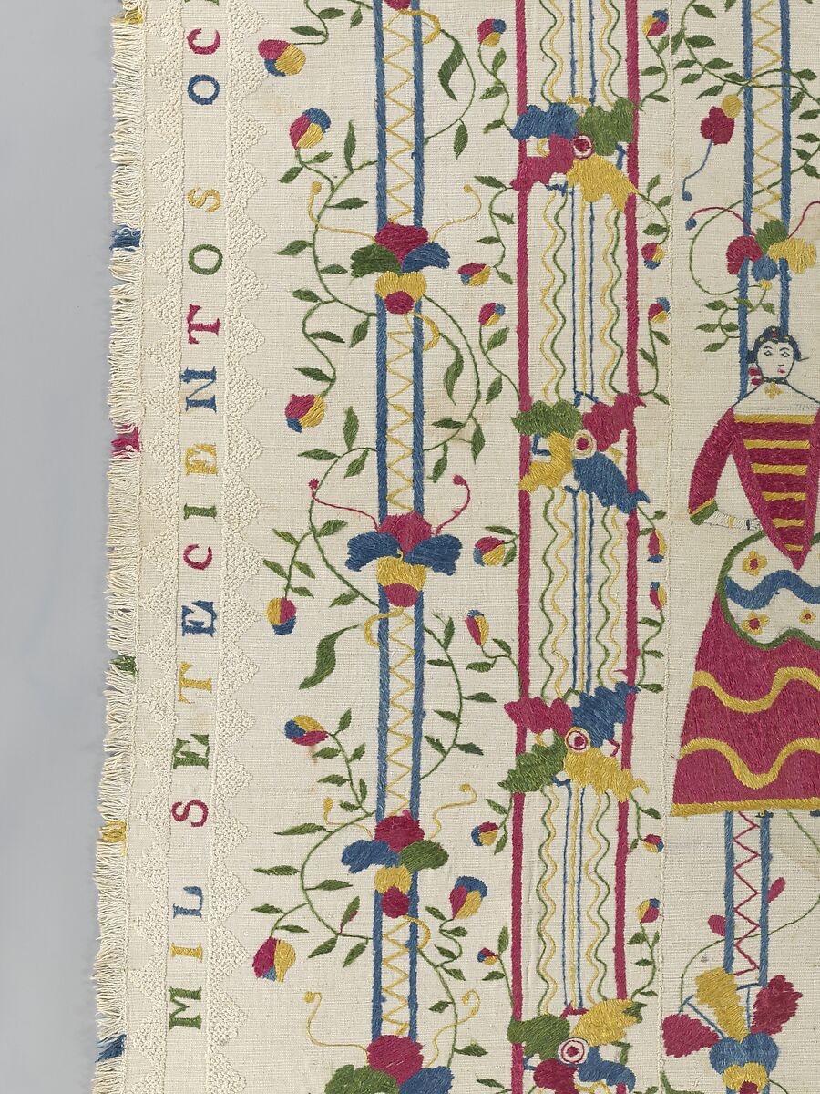 Embroidered coverlet (Colcha), Doña Rosa Solís y Menéndez, Cotton embroidered with silk, Mexican
