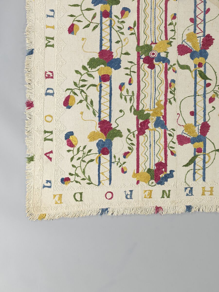 Embroidered coverlet (Colcha), Doña Rosa Solís y Menéndez, Cotton embroidered with silk, Mexican