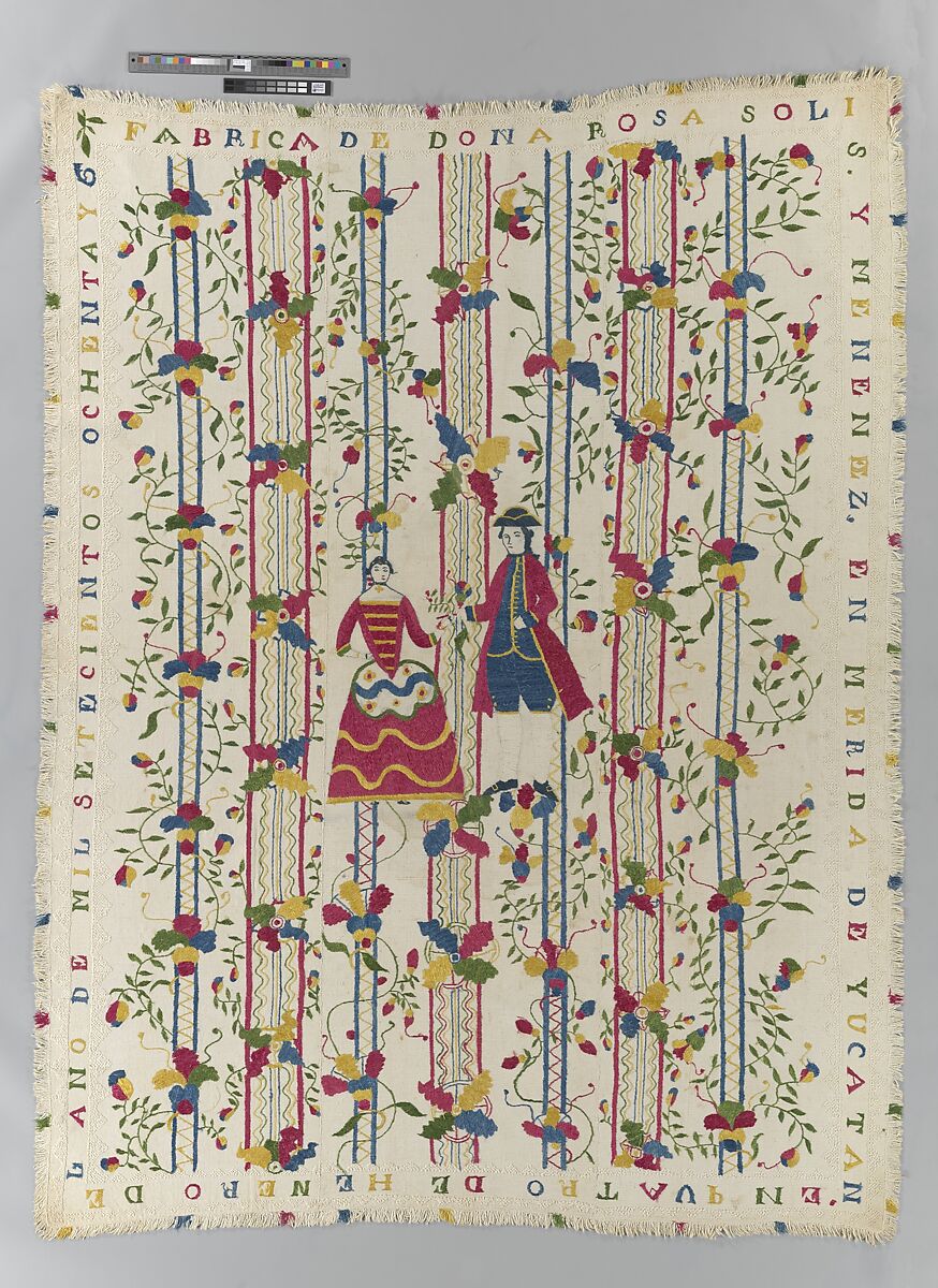 Embroidered coverlet (Colcha), Doña Rosa Solís y Menéndez, Cotton embroidered with silk, Mexican